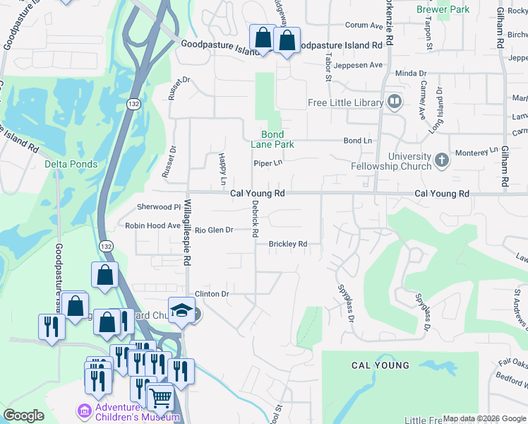 map of restaurants, bars, coffee shops, grocery stores, and more near 1215 Rio Glen Drive in Eugene