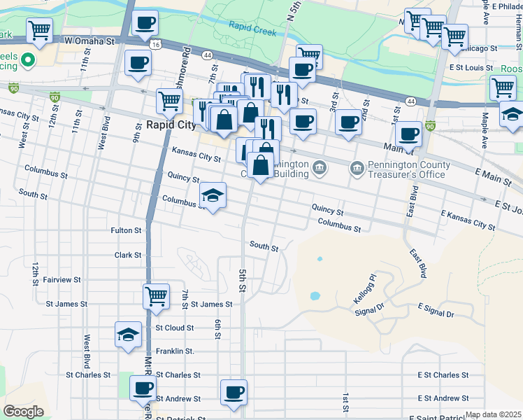 map of restaurants, bars, coffee shops, grocery stores, and more near 425 Quincy Street in Rapid City