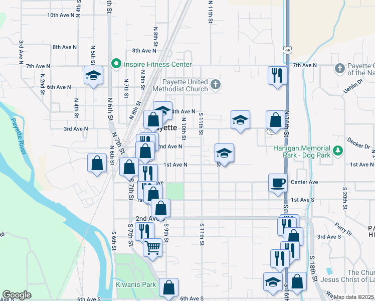 map of restaurants, bars, coffee shops, grocery stores, and more near 1035 2nd Avenue North in Payette