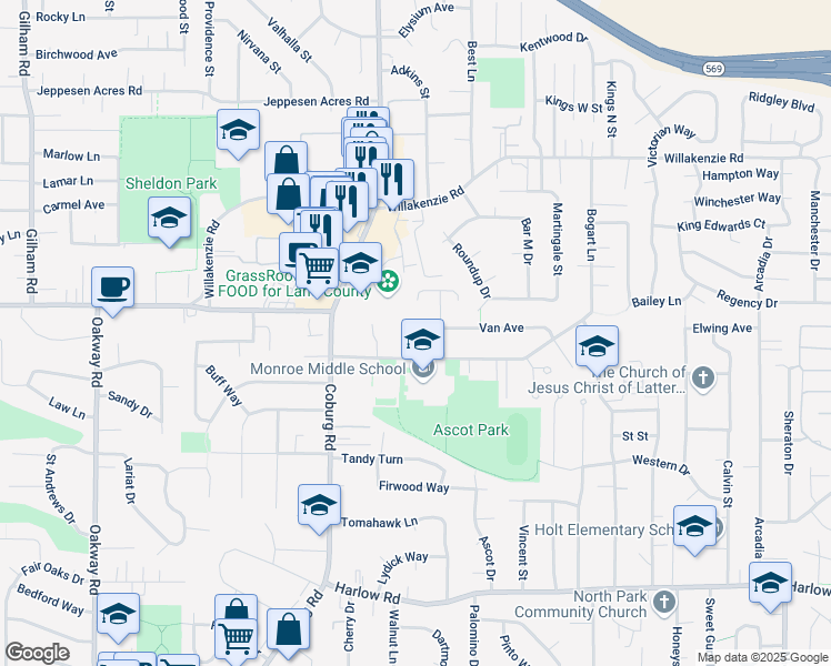 map of restaurants, bars, coffee shops, grocery stores, and more near 1446 Luella Street in Eugene