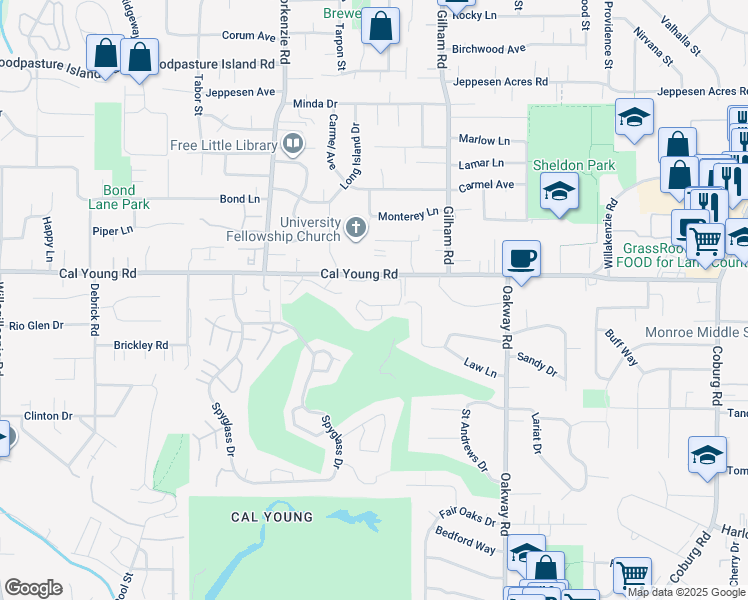 map of restaurants, bars, coffee shops, grocery stores, and more near 1943 Cal Young Road in Eugene