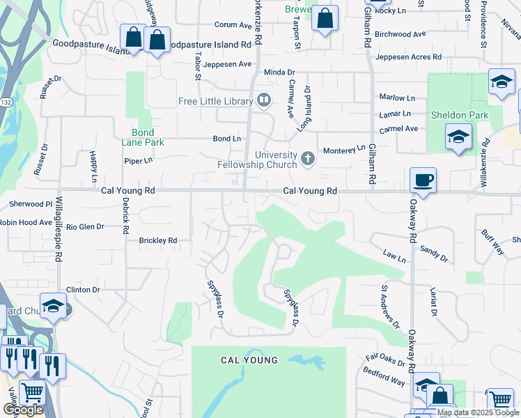 map of restaurants, bars, coffee shops, grocery stores, and more near 1610 Cal Young Road in Eugene