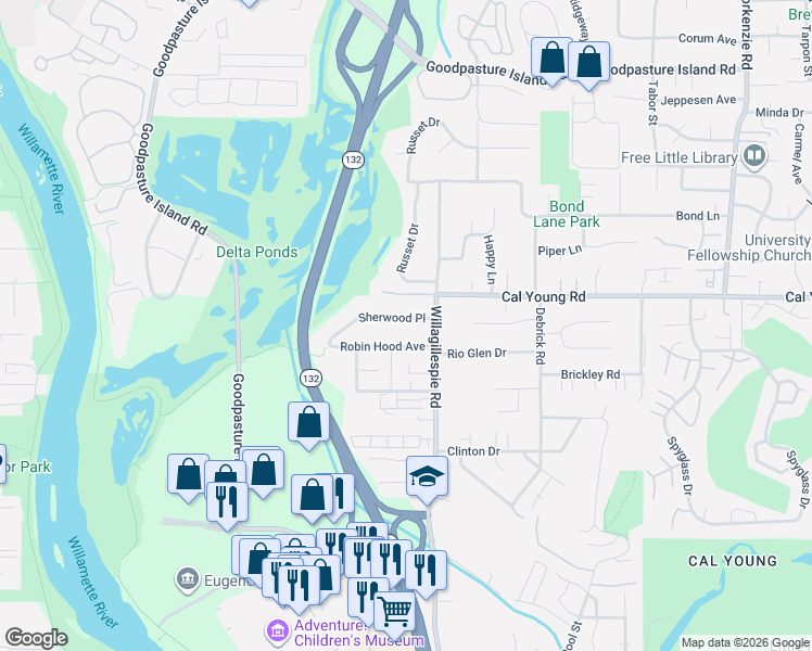 map of restaurants, bars, coffee shops, grocery stores, and more near 971 Sherwood Place in Eugene