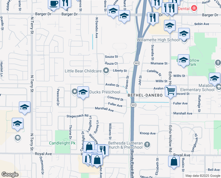 map of restaurants, bars, coffee shops, grocery stores, and more near 4583 Cambon Street in Eugene