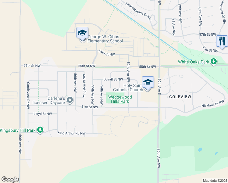 map of restaurants, bars, coffee shops, grocery stores, and more near 5310 Pinehurst Lane Northwest in Rochester