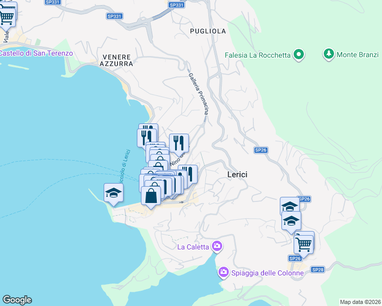 map of restaurants, bars, coffee shops, grocery stores, and more near 17-27 Via della Repubblica in Lerici