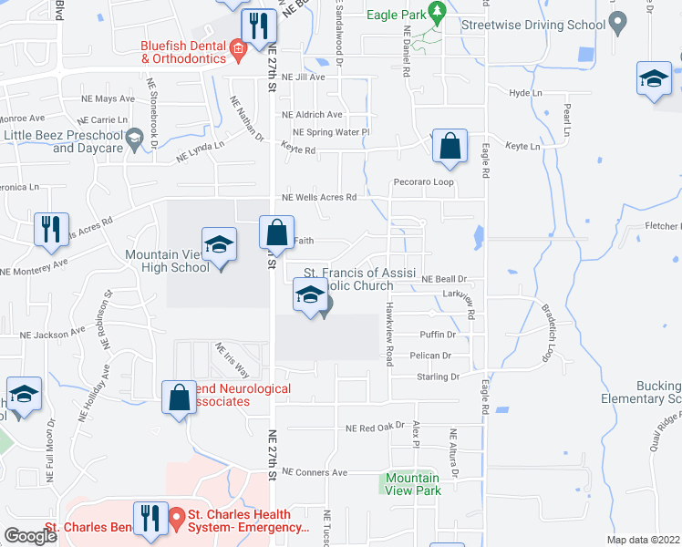 map of restaurants, bars, coffee shops, grocery stores, and more near 2840 Northeast Rainier Drive in Bend
