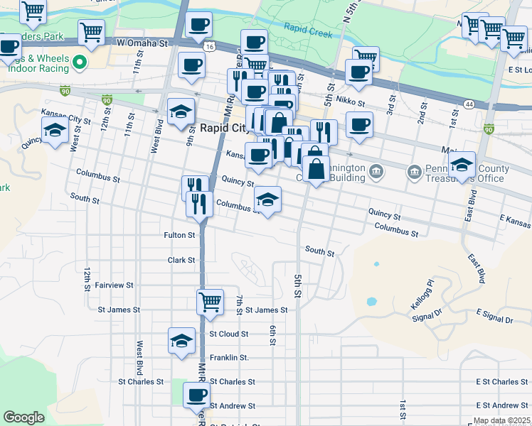 map of restaurants, bars, coffee shops, grocery stores, and more near 615 Columbus Street in Rapid City