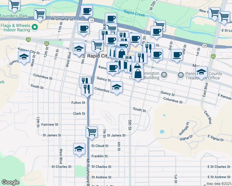 map of restaurants, bars, coffee shops, grocery stores, and more near 615 Columbus Street in Rapid City