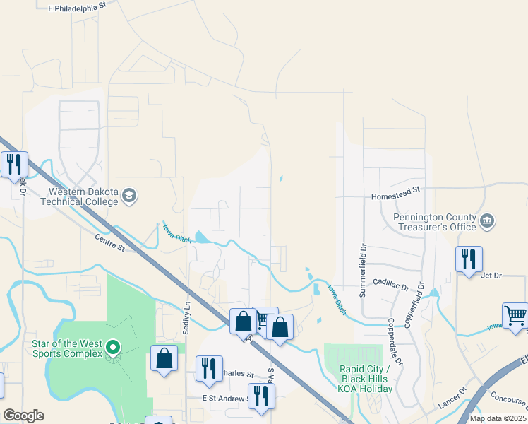 map of restaurants, bars, coffee shops, grocery stores, and more near 900 North Valley Drive in Rapid City