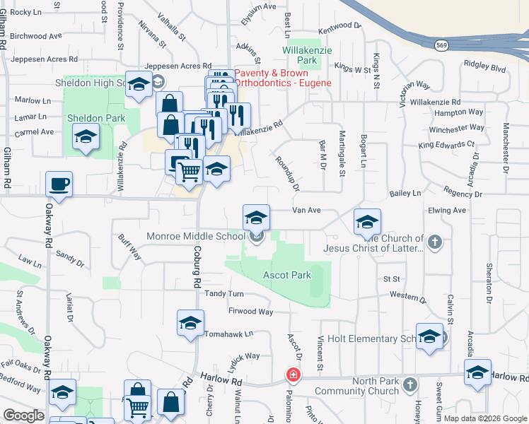 map of restaurants, bars, coffee shops, grocery stores, and more near 1324 Luella Street in Eugene