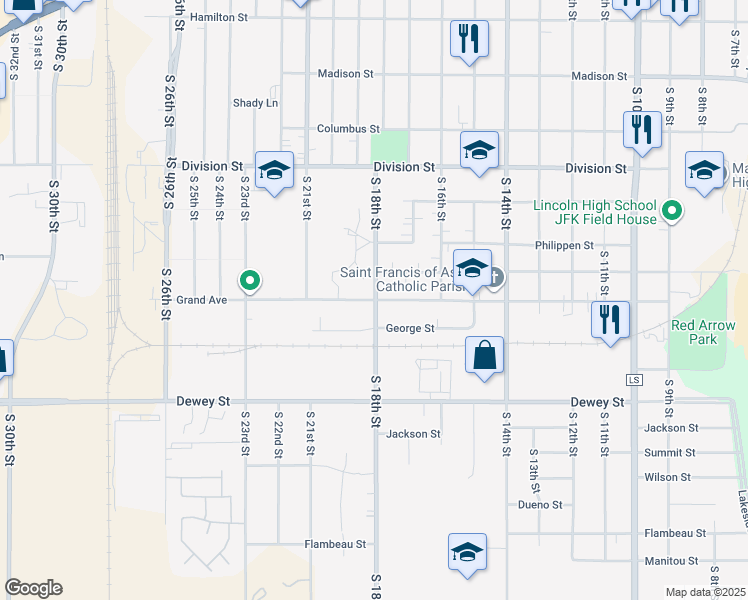 map of restaurants, bars, coffee shops, grocery stores, and more near 1806 Grand Avenue in Manitowoc