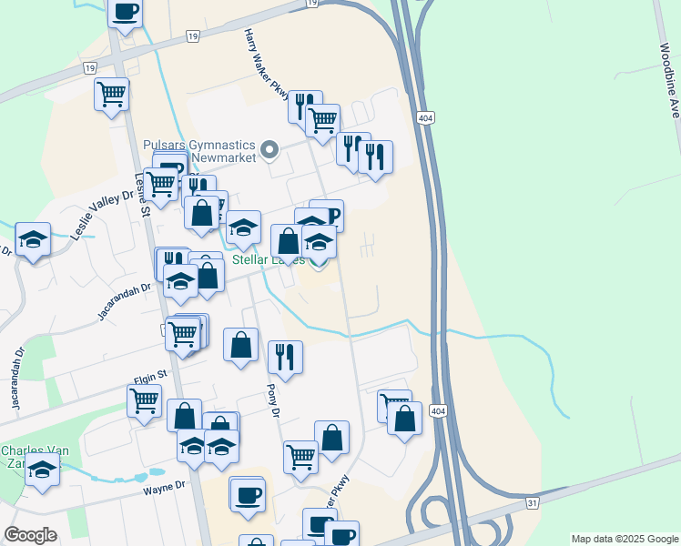map of restaurants, bars, coffee shops, grocery stores, and more near 285 Harry Walker Parkway North in Newmarket