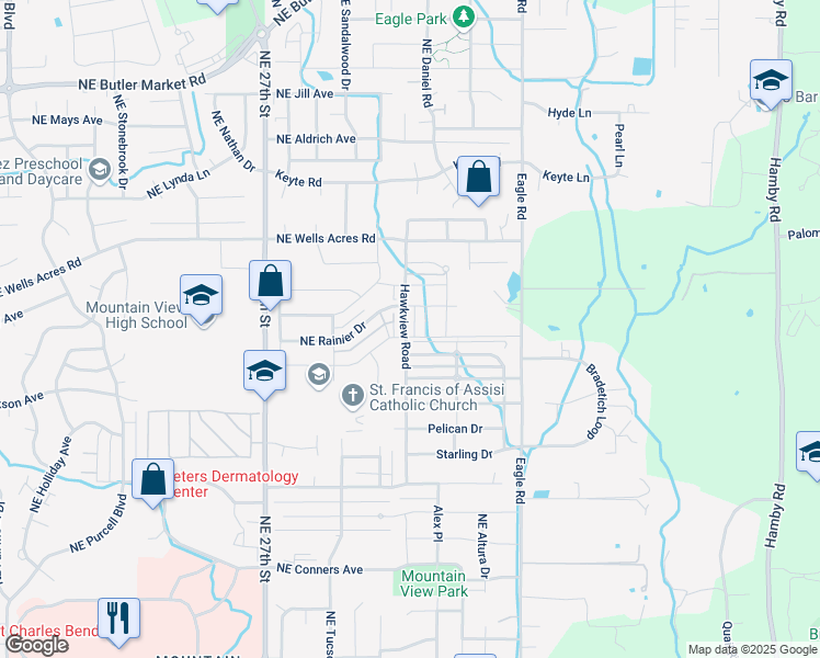 map of restaurants, bars, coffee shops, grocery stores, and more near 62719 Hawkview Road in Bend