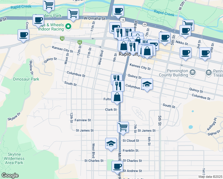 map of restaurants, bars, coffee shops, grocery stores, and more near 814 Columbus Street in Rapid City