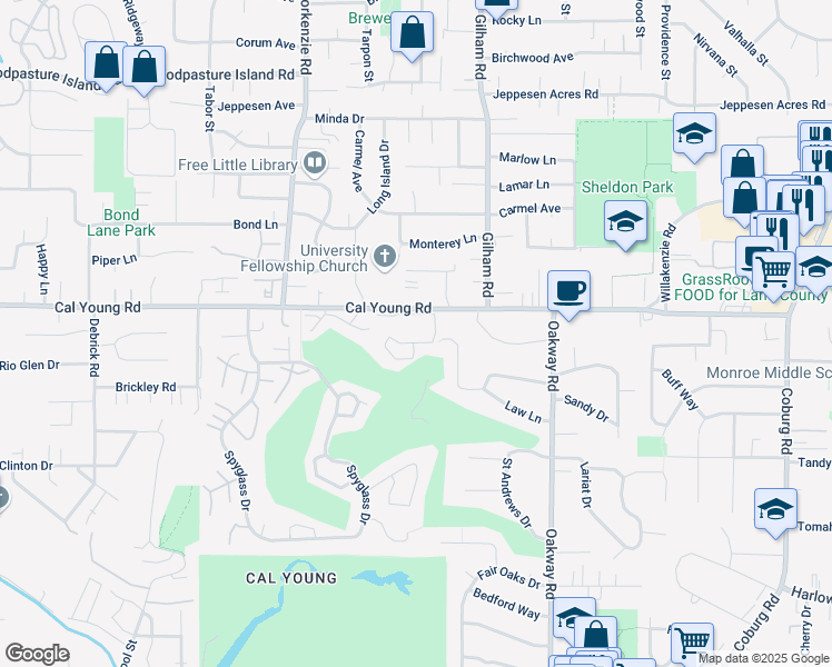 map of restaurants, bars, coffee shops, grocery stores, and more near 1943 Cal Young Road in Eugene