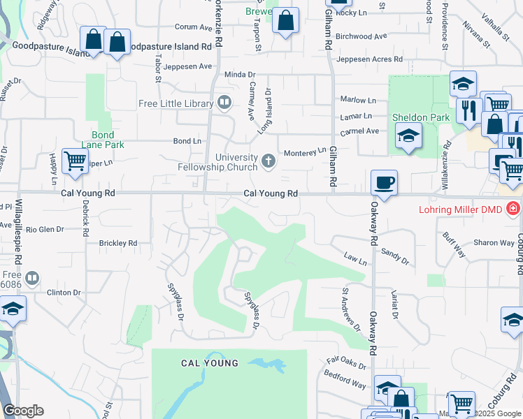 map of restaurants, bars, coffee shops, grocery stores, and more near 1794 Cal Young Road in Eugene