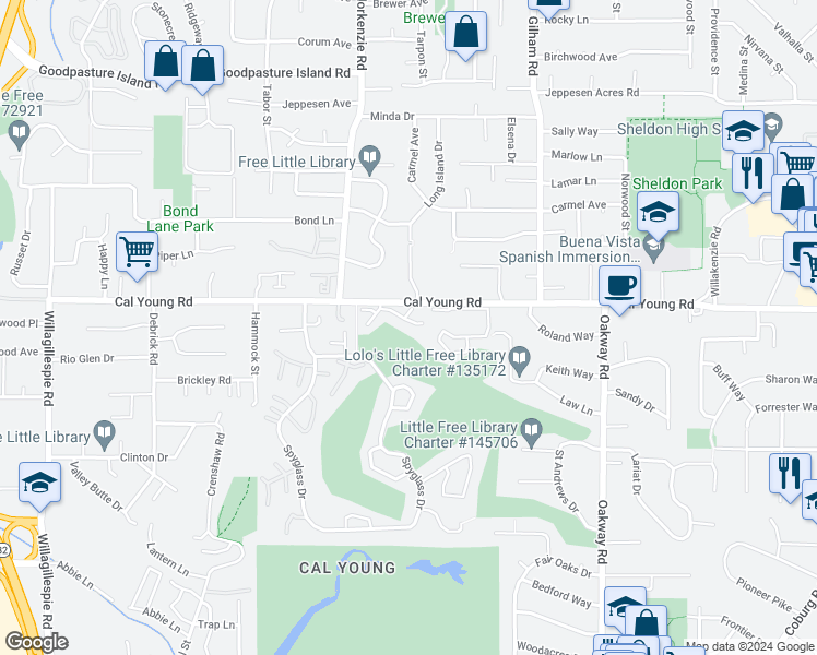 map of restaurants, bars, coffee shops, grocery stores, and more near 1794 Cal Young Road in Eugene