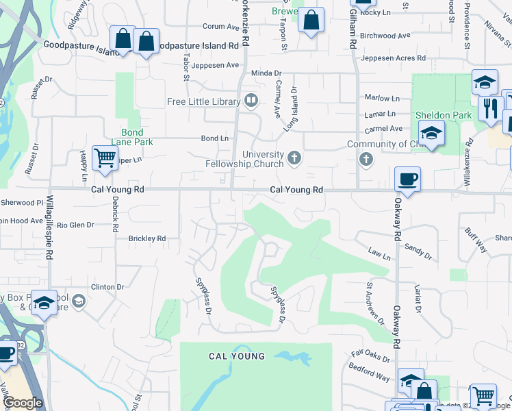 map of restaurants, bars, coffee shops, grocery stores, and more near 1745 Cal Young Road in Eugene