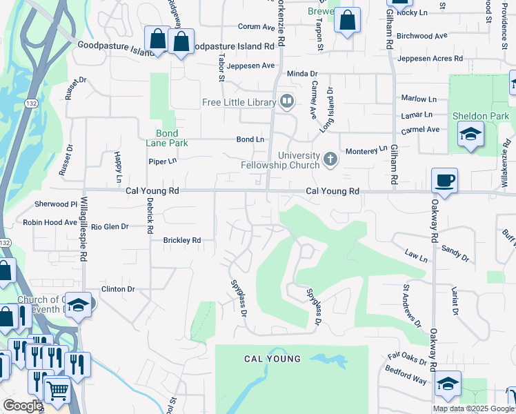 map of restaurants, bars, coffee shops, grocery stores, and more near 1381 Spyglass Drive in Eugene