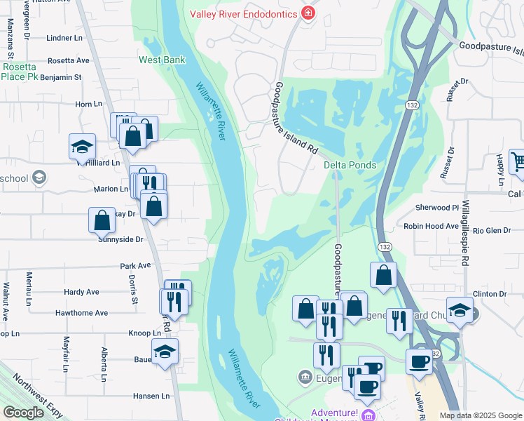map of restaurants, bars, coffee shops, grocery stores, and more near 455 Alexander Loop in Eugene