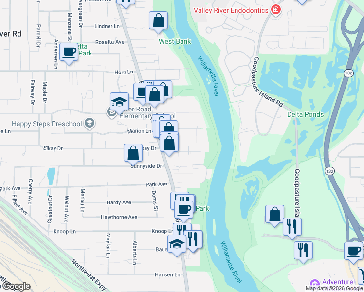 map of restaurants, bars, coffee shops, grocery stores, and more near 935 River Road in Eugene