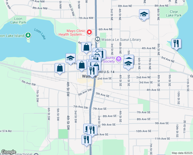 map of restaurants, bars, coffee shops, grocery stores, and more near 108 East Elm Avenue in Waseca