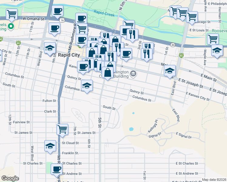 map of restaurants, bars, coffee shops, grocery stores, and more near 809 4th Street in Rapid City