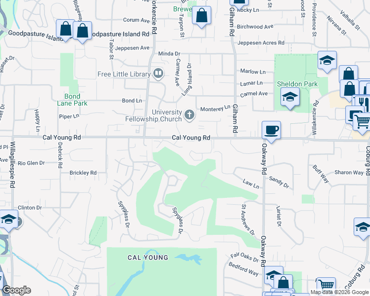 map of restaurants, bars, coffee shops, grocery stores, and more near 1822 Cal Young Road in Eugene