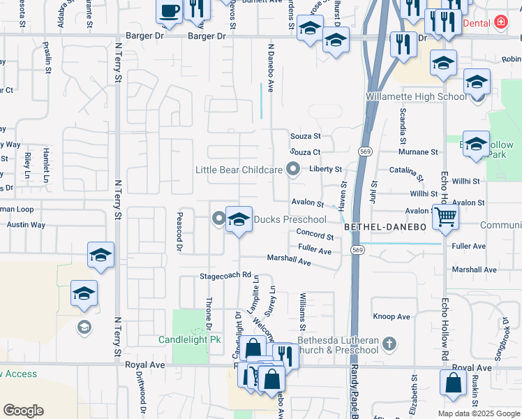map of restaurants, bars, coffee shops, grocery stores, and more near 1265 Candlelight Drive in Eugene