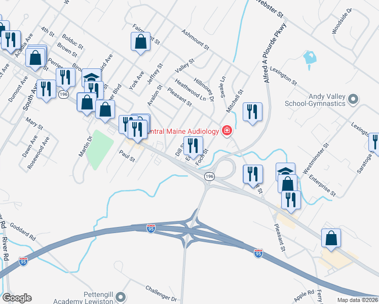 map of restaurants, bars, coffee shops, grocery stores, and more near 16 Eustis Street in Lewiston