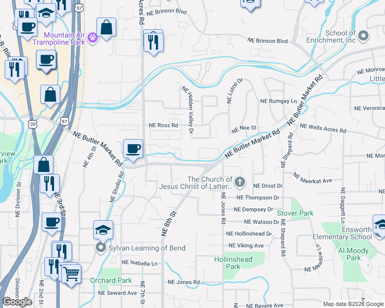 map of restaurants, bars, coffee shops, grocery stores, and more near 947 Northeast Hidden Valley Drive in Bend