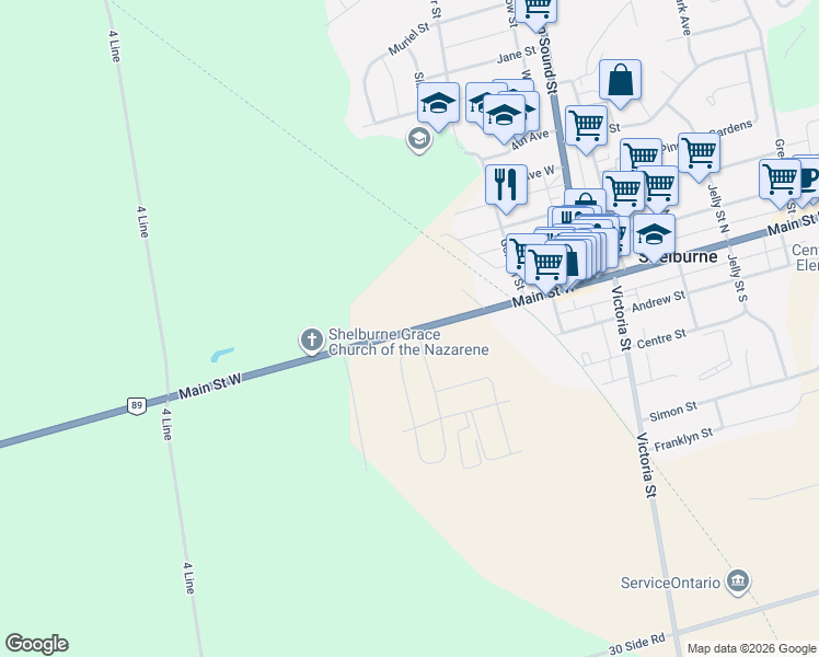 map of restaurants, bars, coffee shops, grocery stores, and more near 416 Main Street West in Shelburne