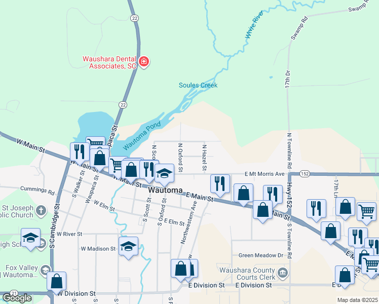 map of restaurants, bars, coffee shops, grocery stores, and more near 323 North Oxford Street in Wautoma