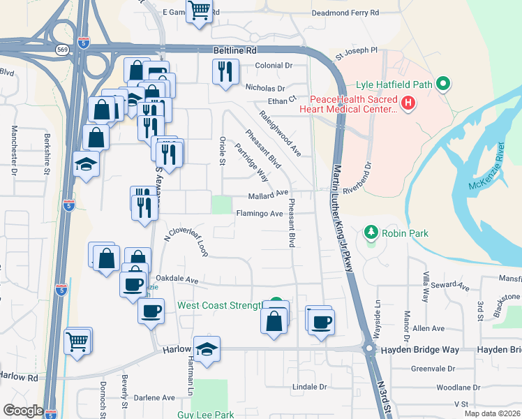 map of restaurants, bars, coffee shops, grocery stores, and more near 615 Mallard Avenue in Springfield
