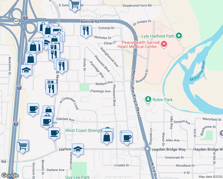 map of restaurants, bars, coffee shops, grocery stores, and more near 522 Flamingo Avenue in Springfield
