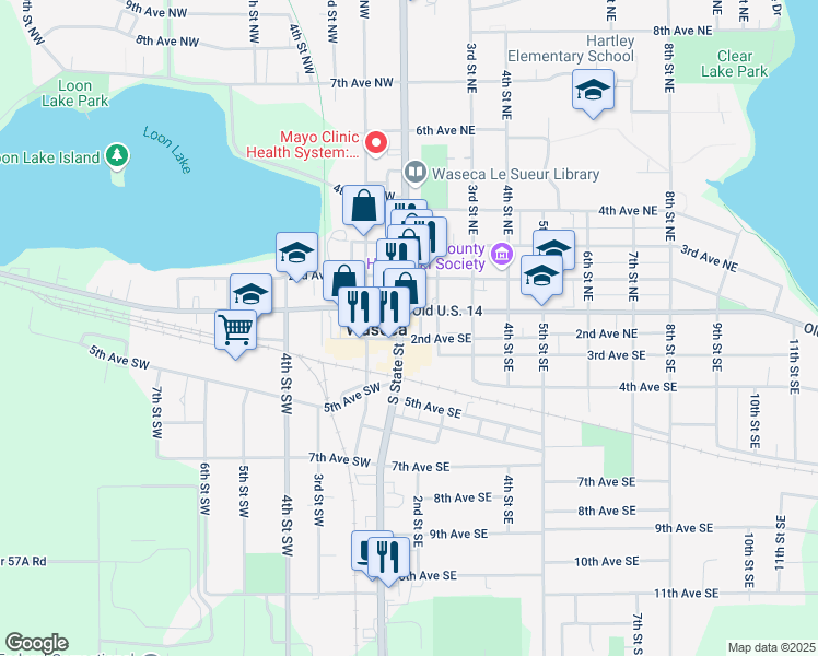 map of restaurants, bars, coffee shops, grocery stores, and more near 113 South State Street in Waseca