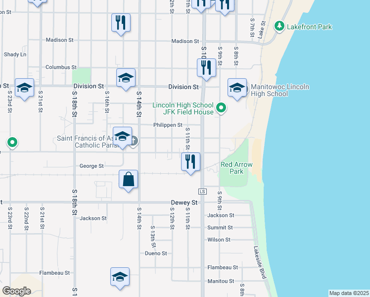 map of restaurants, bars, coffee shops, grocery stores, and more near 1115 Green Street in Manitowoc