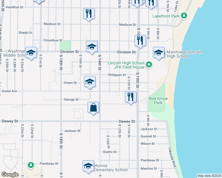 map of restaurants, bars, coffee shops, grocery stores, and more near 1219 Green Street in Manitowoc