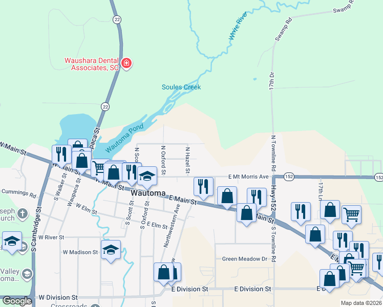 map of restaurants, bars, coffee shops, grocery stores, and more near 201 East Center Street in Wautoma