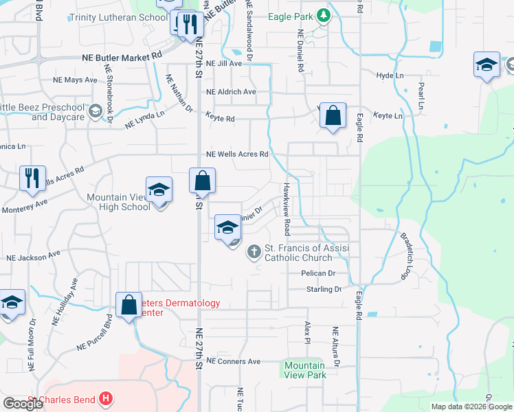 map of restaurants, bars, coffee shops, grocery stores, and more near 2864 Northeast Rainier Drive in Bend