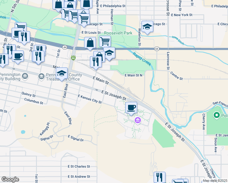 map of restaurants, bars, coffee shops, grocery stores, and more near 300-398 East Main Street in Rapid City