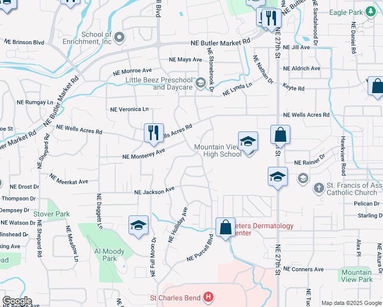 map of restaurants, bars, coffee shops, grocery stores, and more near 2807 Northeast Ocker Drive in Bend