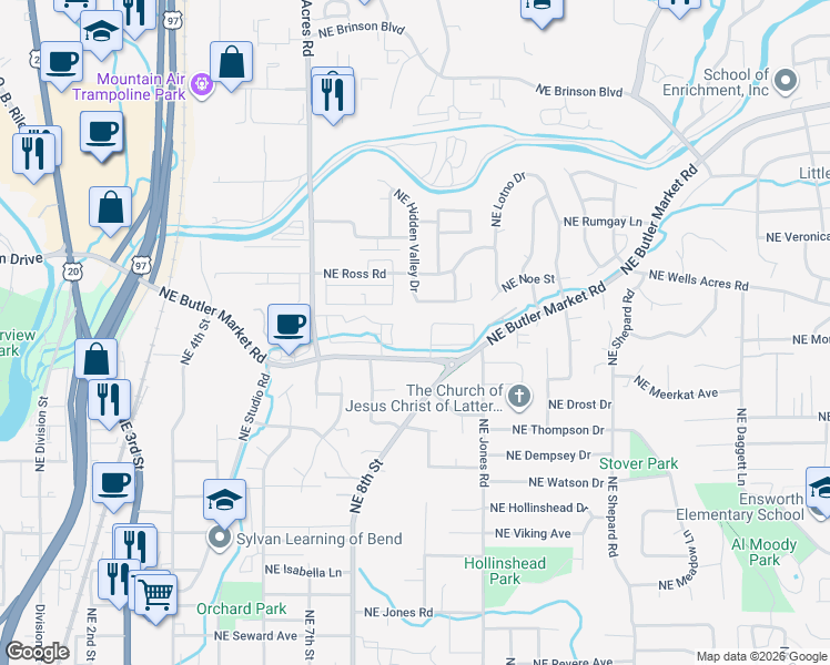 map of restaurants, bars, coffee shops, grocery stores, and more near 947 Northeast Hidden Valley Drive in Bend