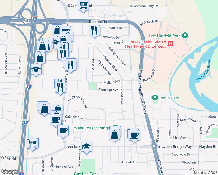 map of restaurants, bars, coffee shops, grocery stores, and more near 615 Mallard Avenue in Springfield