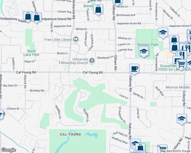 map of restaurants, bars, coffee shops, grocery stores, and more near 1800 Cal Young Road in Eugene
