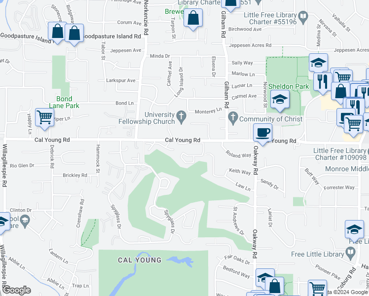 map of restaurants, bars, coffee shops, grocery stores, and more near 1943 Cal Young Road in Eugene