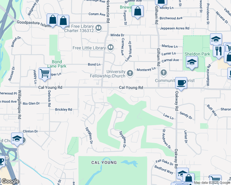 map of restaurants, bars, coffee shops, grocery stores, and more near 1745 Cal Young Road in Eugene