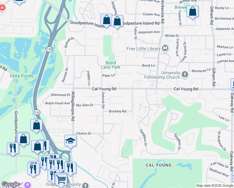 map of restaurants, bars, coffee shops, grocery stores, and more near 1272 Cal Young Road in Eugene
