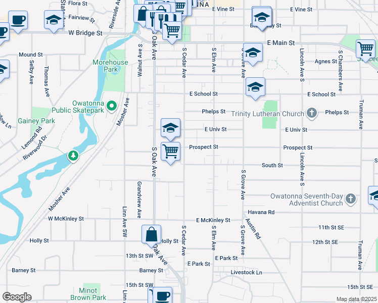 map of restaurants, bars, coffee shops, grocery stores, and more near 120 Prospect Street in Owatonna